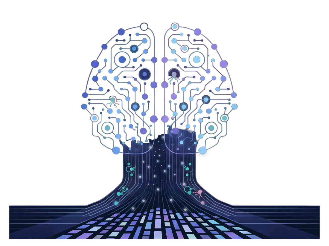 Cerveau num&eacute;rique IA avec r&eacute;seau neuronal et flux de donn&eacute;es